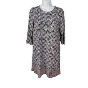 J. Jill Wearever Petite Small Blue Orange Geometric Mosaic 3/4 Sleeve Dress